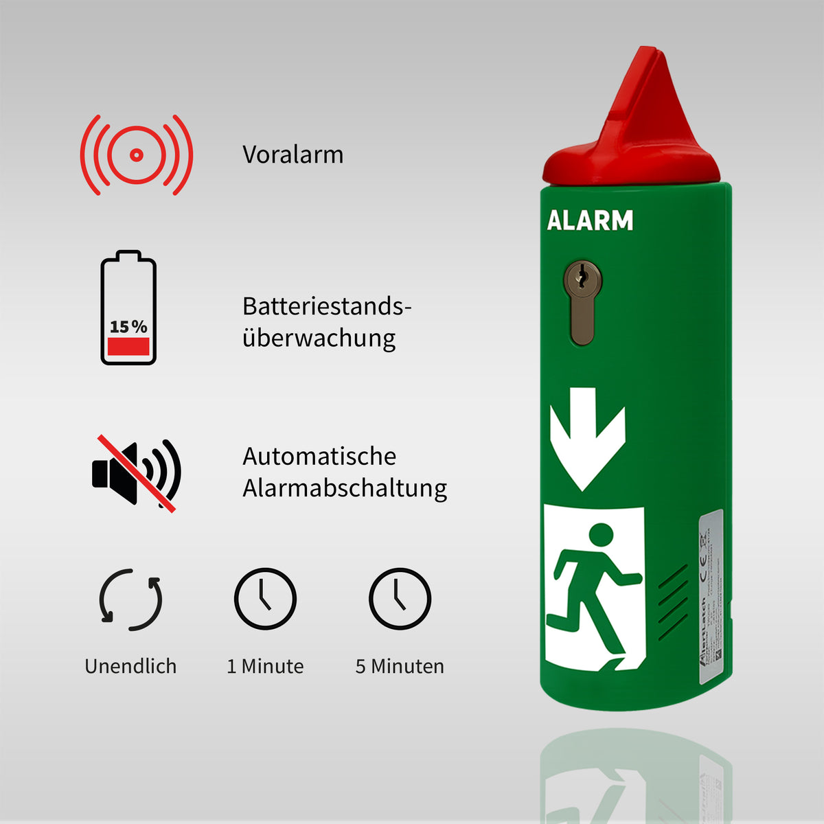 Features des Panikstangen-Türwächters mit Voralarm