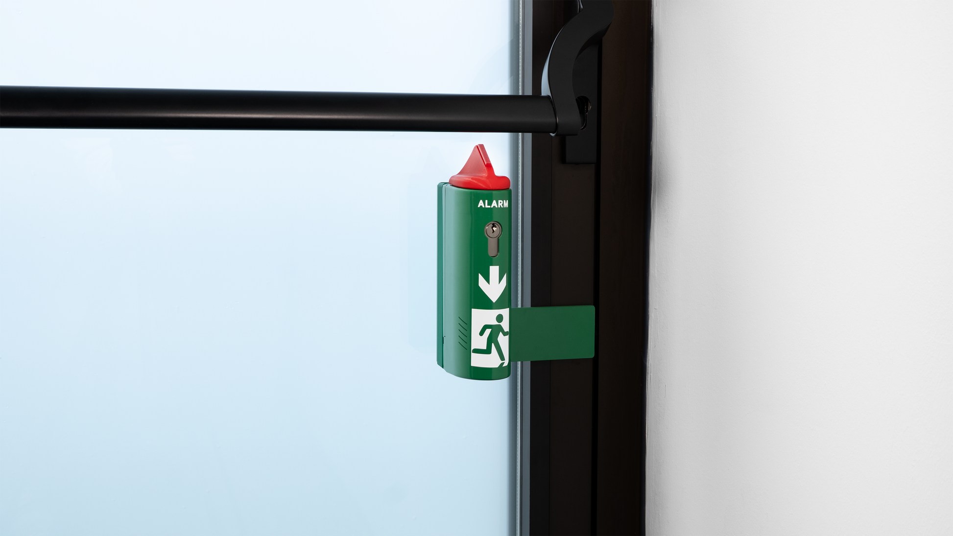 AlertLatch Einhand-Türwächter mit Voralarm für Panikstangen – Einzelschließzylinder