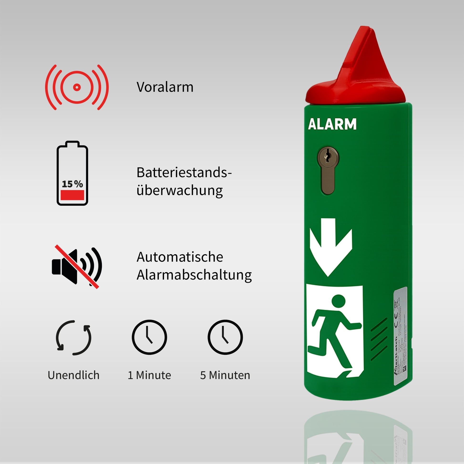 AlertLatch Einhand-Türwächter mit Voralarm für Panikstangen – Einzelschließzylinder